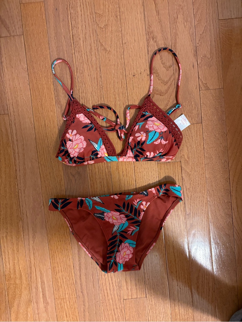 Xhilaration Rust Floral Bikini Set with Teal and Pink Accents